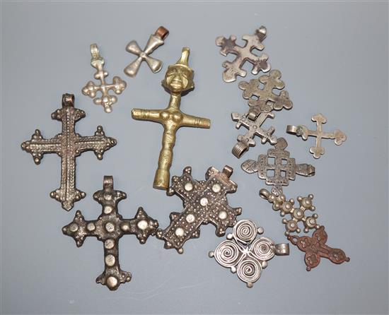 Fourteen Ethiopian coptic cross pendants